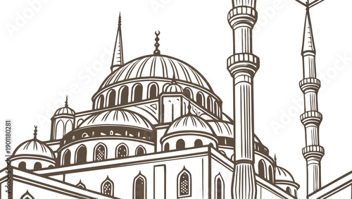Detailed mosque architecture illustration with domes and tall minarets. Classic Islamic landmark line art in elegant monochrome style. Perfect background for religion, culture, and heritage themes.