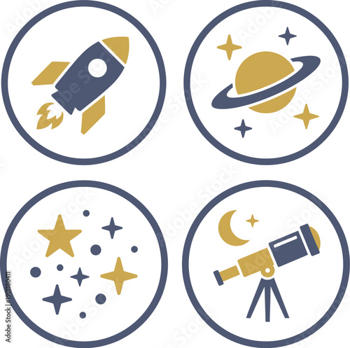 Space Exploration Icons: Rocket Ship, Saturn, Stars, Telescope, Moon - Celestial Journey