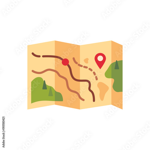 Trail map with route lines and location pin, colorful vector flat style illustration, adventure theme

