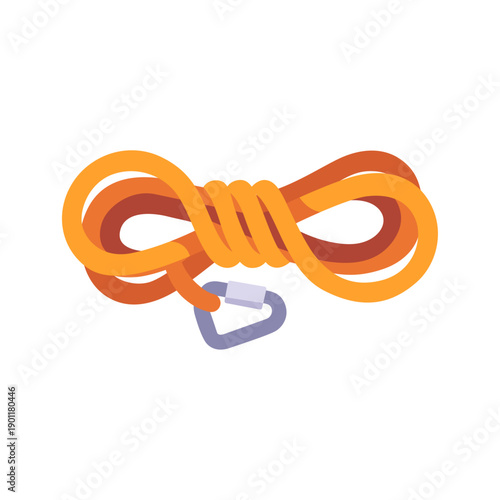 Climbing rope with carabiner, colorful vector flat style illustration, adventure theme

