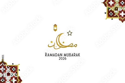 Ramadan Mubarak 2026 elegant greeting card with golden crescent moon and stars. Minimal Islamic geometric ornament on white background. Perfect festive banner for holy month celebration.