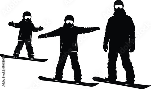 Snowboarder, silhouette, winter, sport, snowboarding, action, athlete, extreme, outdoor, activity, cold, season, adventure, motion, black, figures, isolated, white, background, illustration