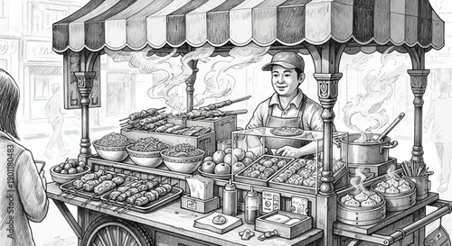 Vendor sells grilled food from a street cart.