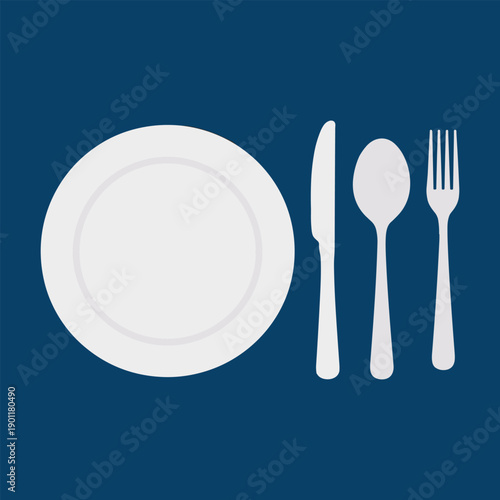 White plate with silverware on blue background utensils fork knife