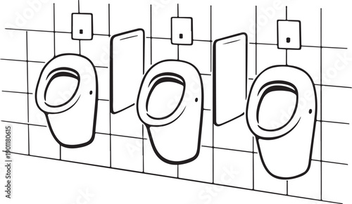 Public Restroom Urinals on Tiled Wall – Bathroom Line Art Illustration