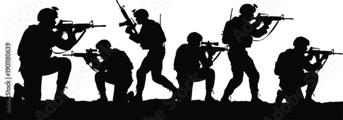 Special forces soldiers silhouette, tactical military team aiming rifles, combat training operation, armed patrol formation, black and white war concept