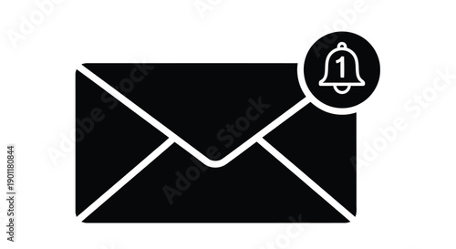 Simple black and white icon depicting an envelope with a notification bell