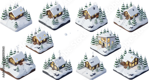 winter village houses with snow and trees