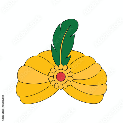 Yellow turban with green feather and red center vector illustration isolated on white background.