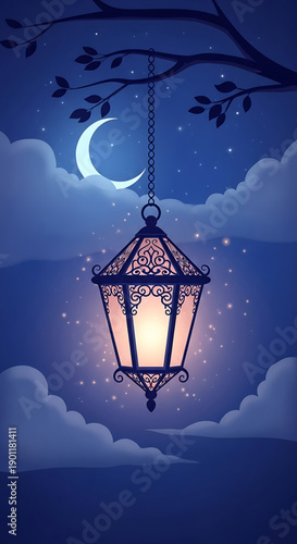 A serene vector illustration of a hanging lantern under a crescent moonlit sky with clouds and stars Ramadan