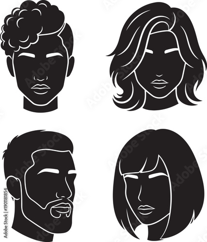 Four diverse people heads illustrated in black and white silhouettes