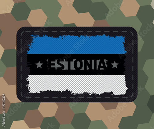 Tactical army textile chevron patch with the flag of Estonia on army camouglage background