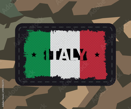 Tactical army textile chevron patch with the flag of Italy  on army camouglage background