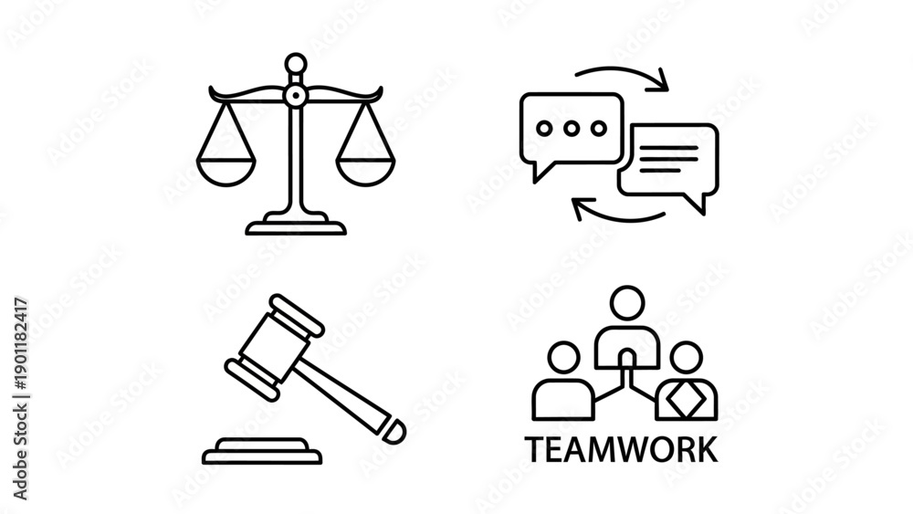Fototapeta premium Law, Communication, Justice, and Teamwork Icons Set