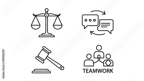 Law, Communication, Justice, and Teamwork Icons Set