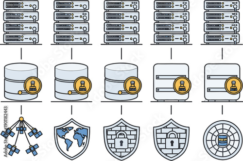 Vector illustration set of data center components featuring server racks, database storage, and network security iconsVector illustration set of data center components featuring server racks, database