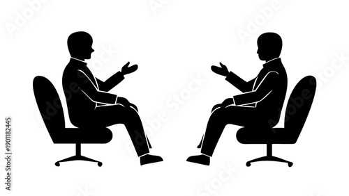 Silhouette of two professionals sitting face to face in armchairs, deep in conversation, concept of negotiation, mediation, and conflict resolution.