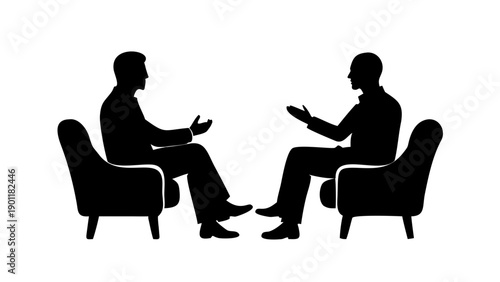 Silhouette of two professionals sitting face to face in armchairs, deep in conversation, concept of negotiation, mediation, and conflict resolution.