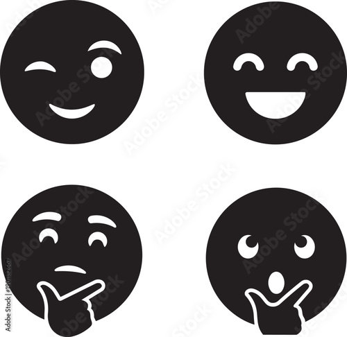 Four emoticon faces smiling winking and expressing various emotions on white