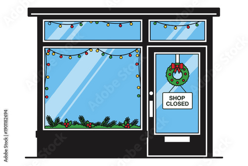 Charming vector illustration of a small shop's exterior, adorned with colorful Christmas lights and a wreath, indicating it's closed for the holiday season