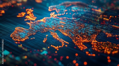 A glowing digital map of Europe on a blue background with a grid illustrates global connectivity and technological progress — an appropriate backdrop for analytical reports or IT conferences.