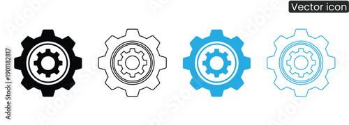 Modern gear icons set in various styles for technology and engineering designs