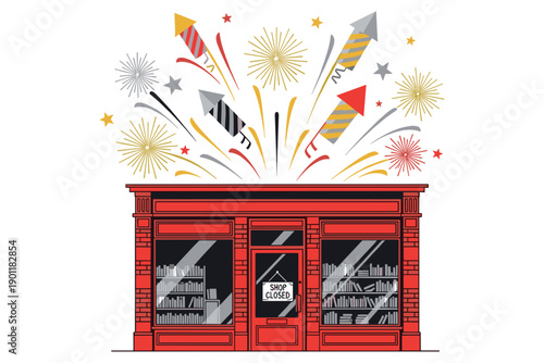 Spectacular Fireworks Burst Above a Red Storefront with a 'Shop Closed' Sign, Symbolizing the Grand Finale of a Business Venture or a Significant Transition Point for Retail