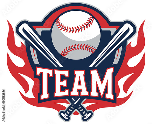 Baseball team logo with ball bats and flames design element