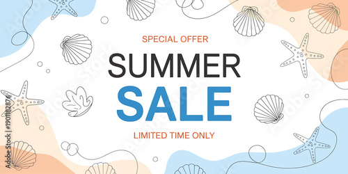 Summer sale special offer limited time only with seashells and starfish graphics