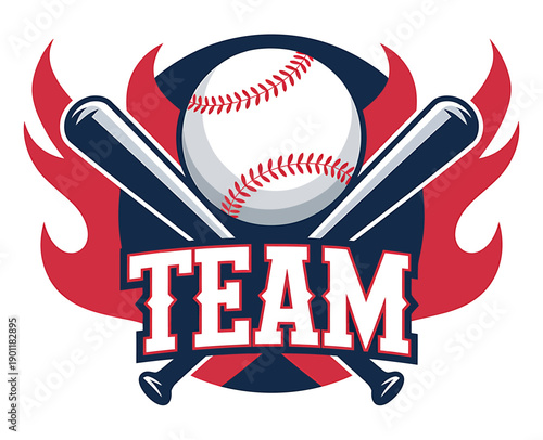 Baseball team logo with baseball ball and bats and flames