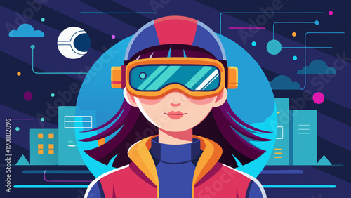Cyberpunk-inspired futuristic woman with augmented reality glasses and cap isolated on white background, Vector