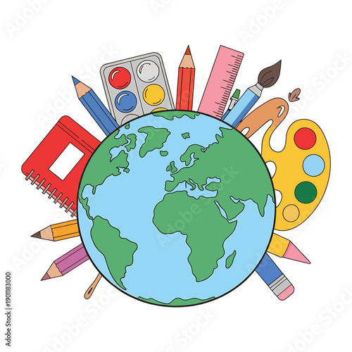 Colorful illustration of earth surrounded by art supplies and school stationery items