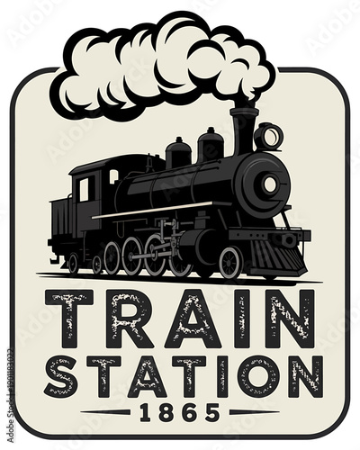 Vintage steam train with smoke and train station sign from 1865