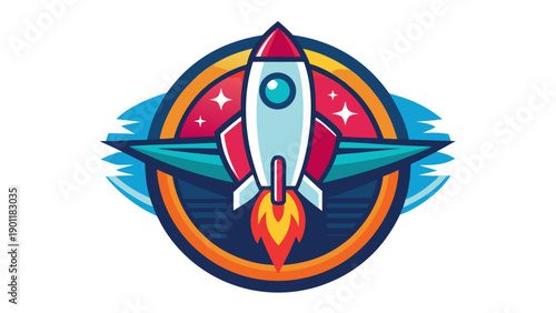 Colorful rocket ship symbolizing innovation and space exploration with a dynamic badge design isolated on white background, Vector