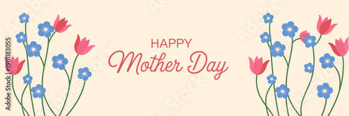 Happy Mother Day greeting card with flowers and text on beige background