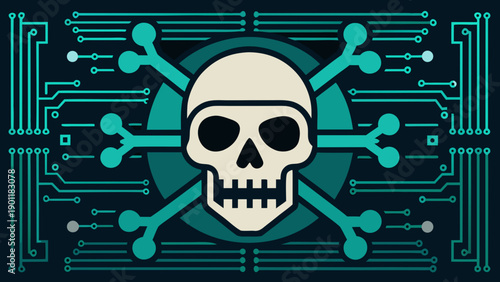 Digital illustration of a skull and crossbones with binary code background isolated on white background, Vector