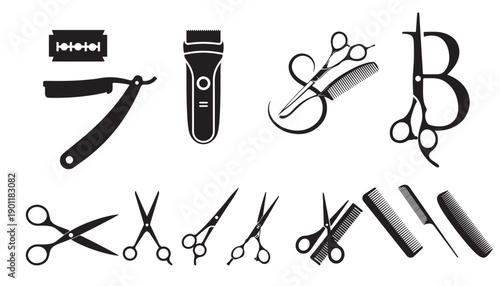 Barber and Hair Salon Tools Icon Set with Scissors Razor and Trimmer Vector
