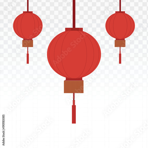 Red Chinese lantern vector set in flat style with hanging cords, traditional festive decoration ideal for Lunar New Year themes, celebrations, cultural designs, banners, posters, and digital artwork.