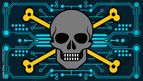 Digital skull and crossed bones symbolizing cyber threats and data security warnings isolated on white background, Vector