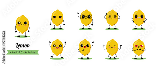 Cute Lemon Kawaii Character Set With Emotions