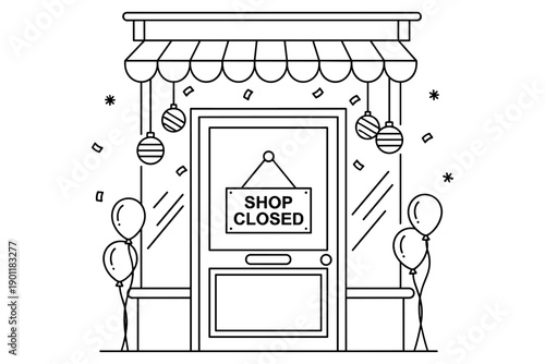 Stylized line drawing of a charming storefront with a 'Shop Closed' sign, adorned with balloons and festive ornaments, signifying a temporary business pause or holiday closure