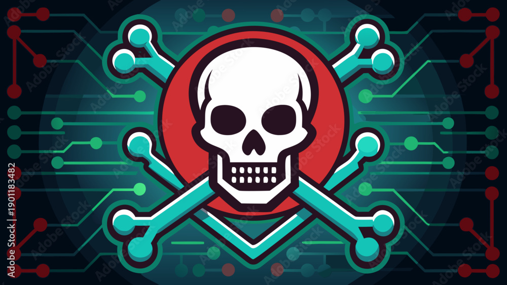 Fototapeta premium Dangerous digital threat with skull and crossed swords symbolizing cybersecurity risks isolated on white background, Vector