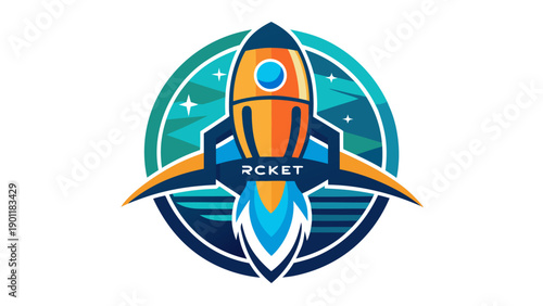 Stylized futuristic rocket ship with orbiting rings and abstract cosmic elements isolated on white background, Vector