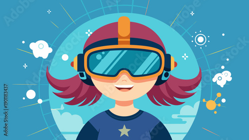 A young girl with a virtual reality headset exploring a futuristic digital world isolated on white background, Vector