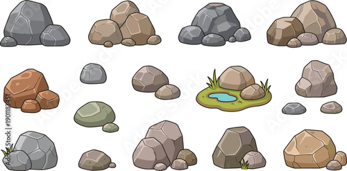 Vector set of natural stones and rock formations including boulders pebbles and garden rock elements for landscaping game environment and outdoor design.