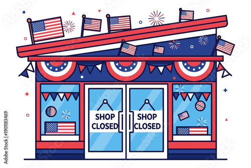 Patriotic shopfront illustration with American flags, bunting, and 'SHOP CLOSED' signs, symbolizing national holiday or temporary business closure in a charming flat design style
