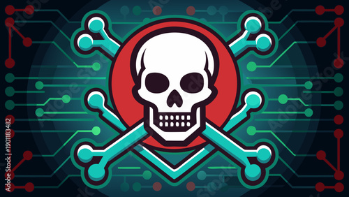 Dangerous digital threat with skull and crossed swords symbolizing cybersecurity risks isolated on white background, Vector