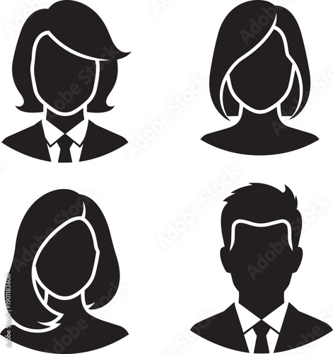 Four business people icons in black silhouette on white background