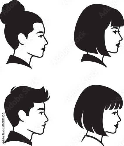 Four people profiles in black and white with different hairstyles and expressions.