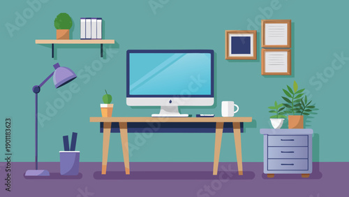 A cozy home office setup with modern desk and ergonomic chair isolated on white background, Vector